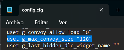 Fragmento de config.cfg con g_max_convoy_size en 128