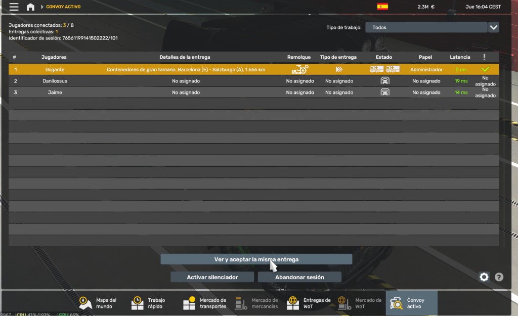 Convoy activo: tabla de jugadores y Ver y aceptar la misma entrega