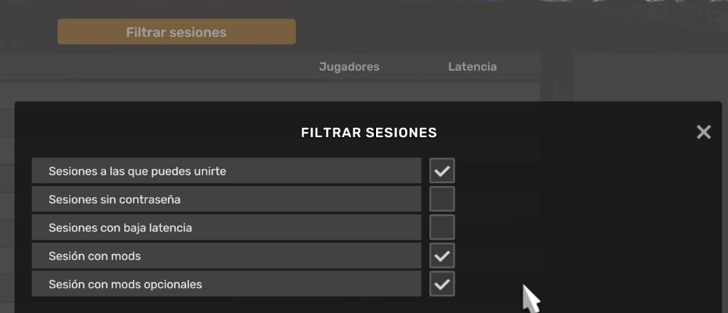Ventana Filtrar sesiones con opciones de sesión con mods