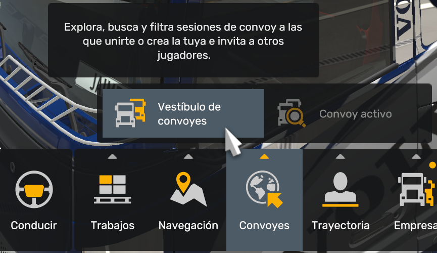 Menú ETS2: Convoyes, Vestíbulo de convoyes y Convoy activo